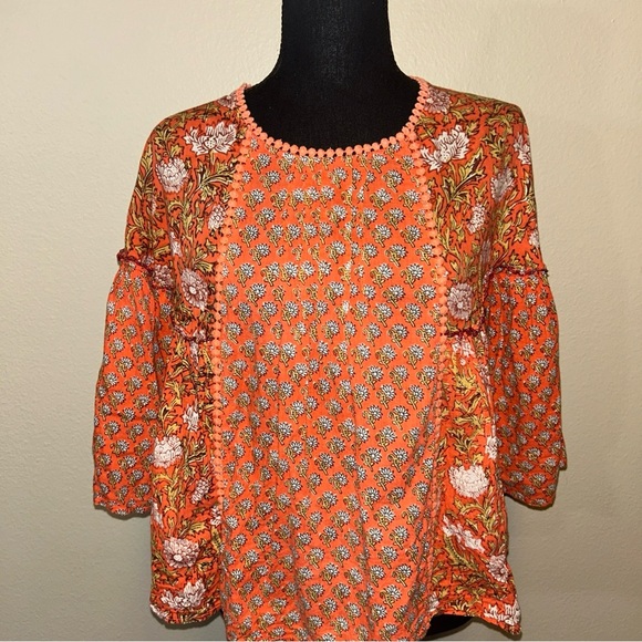 Rachel Zoe Orange Floral Blouse Boho 3/4 Sleeve - Picture 5 of 9